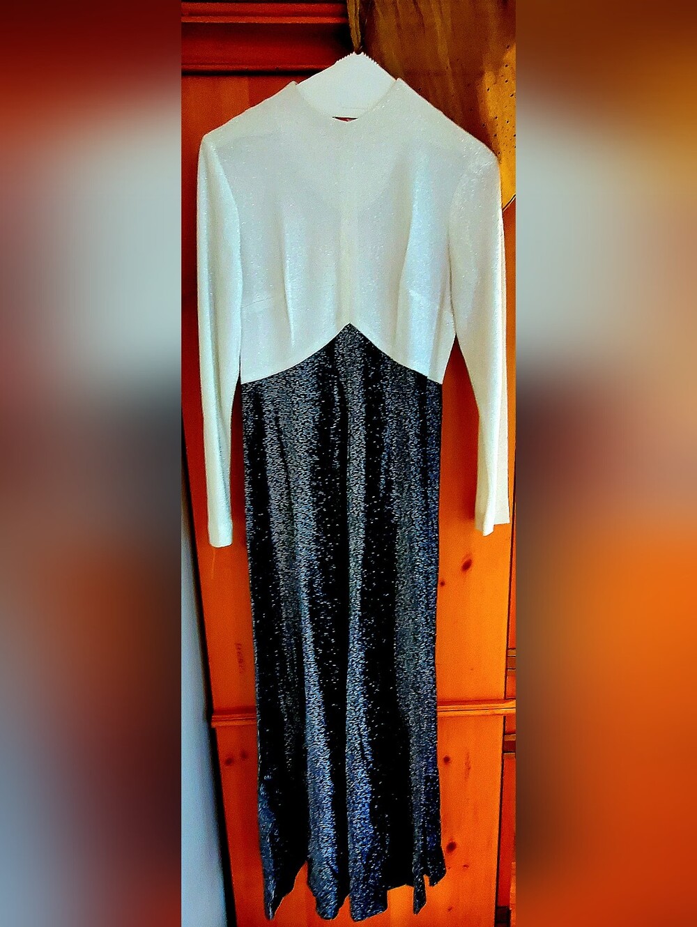 Lord & Taylor White Top with Black Metallic Skirt Long Sleeve Evening Gown